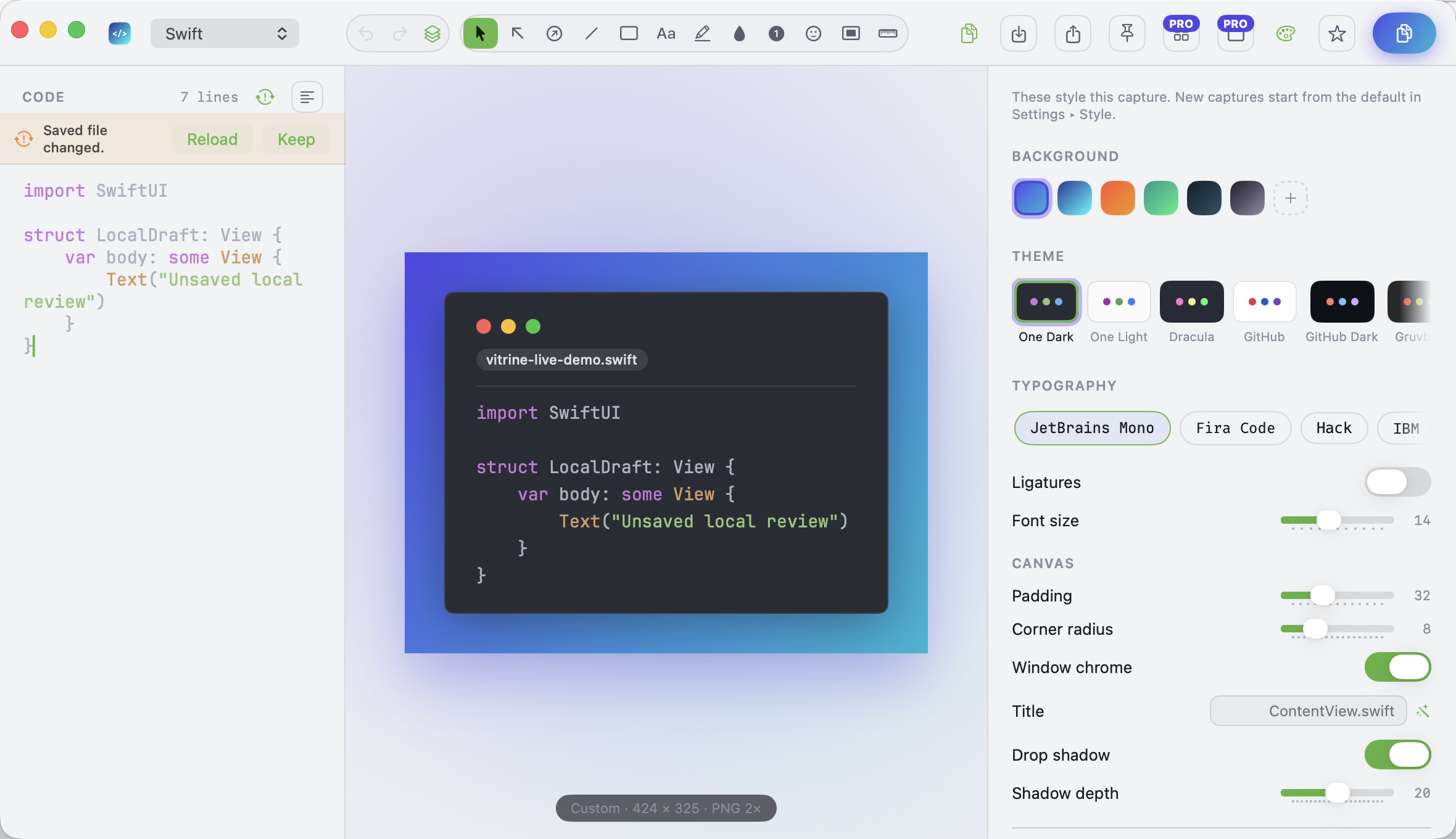 The Vitrine editor: code pane, preview on its ambient-light stage, and the style inspector
